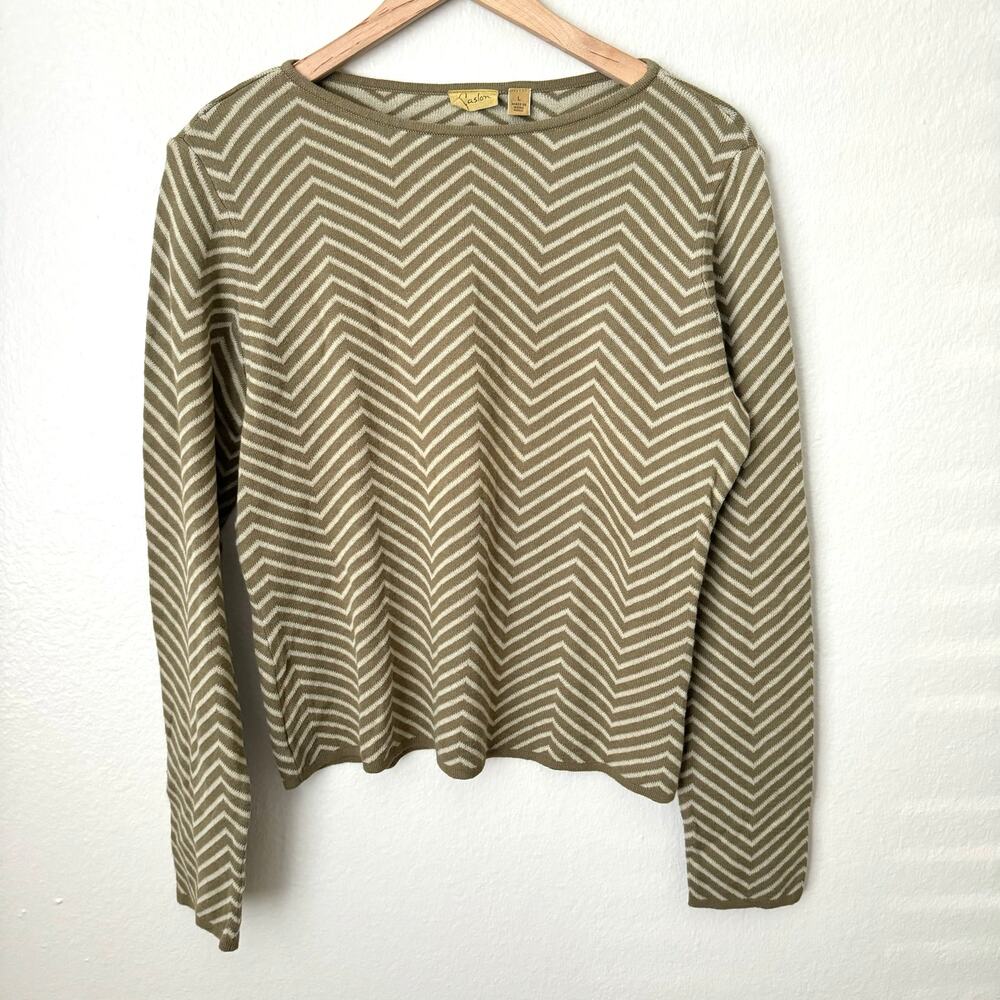 Vintage Y2K Caslon Womens Green Chevron Blouse 100% Cotton Longsleeve Size Large